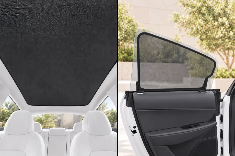 Roof and side-window sunshade promotional views with a styled architectural background
